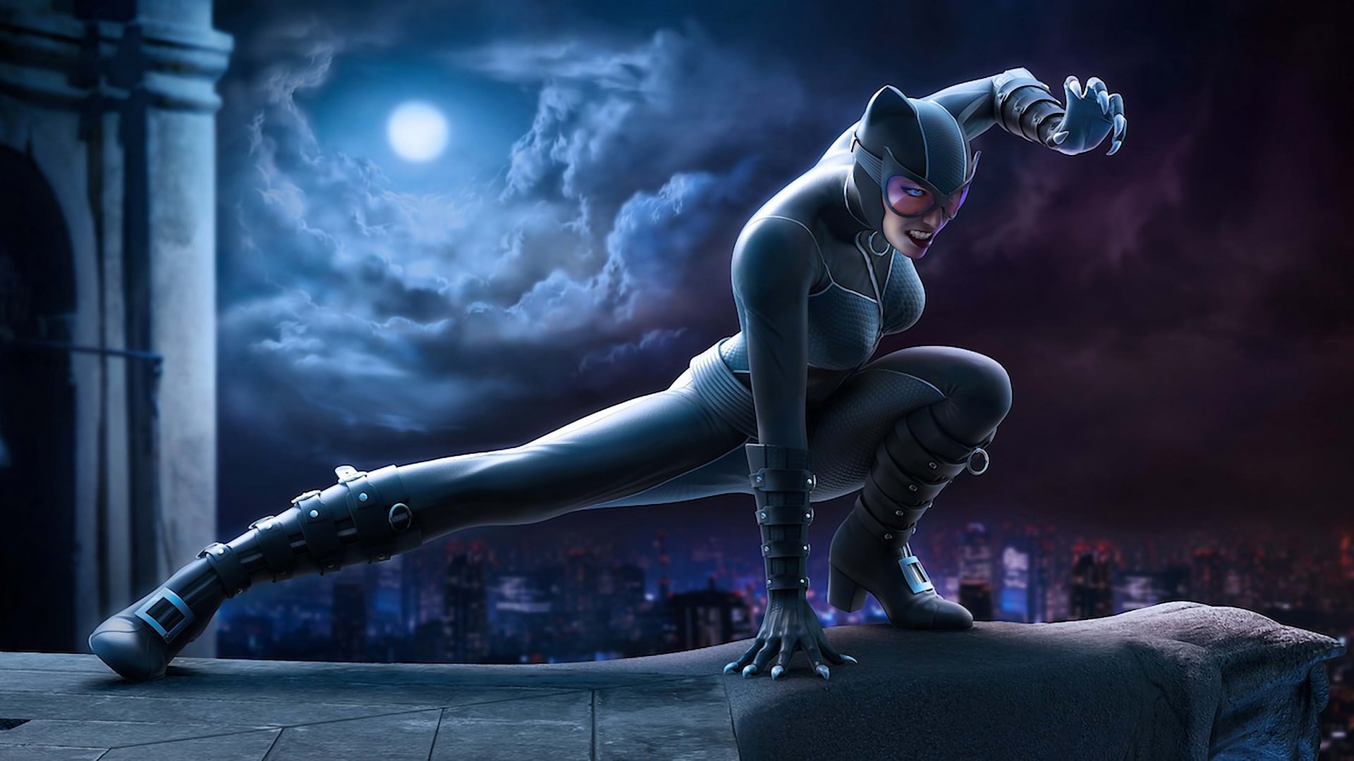 catwoman nacht mond stadt einwohner katze superheld kostüm latex