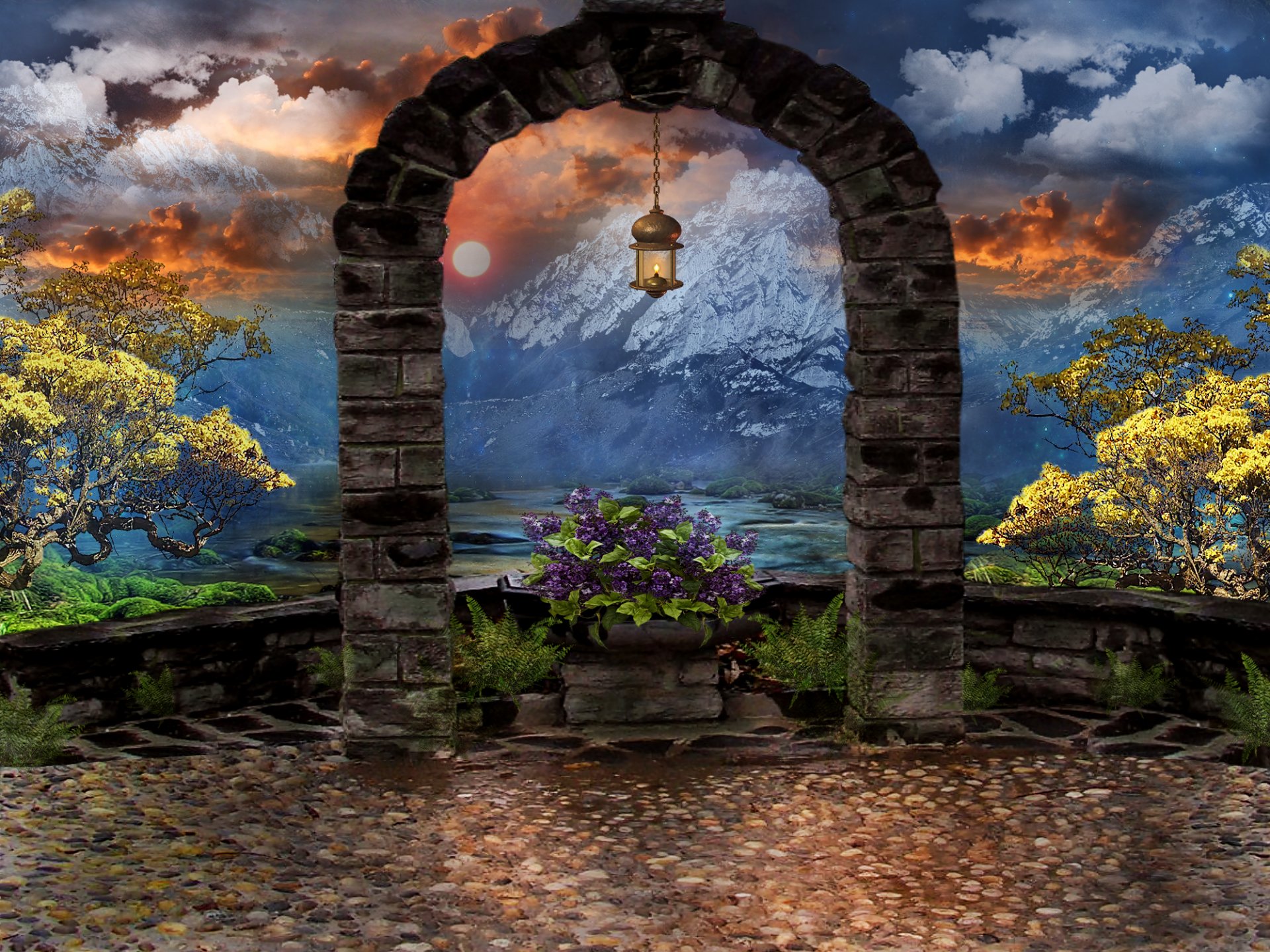 3d arte arte arco montañas linterna árboles flores cielo nubes