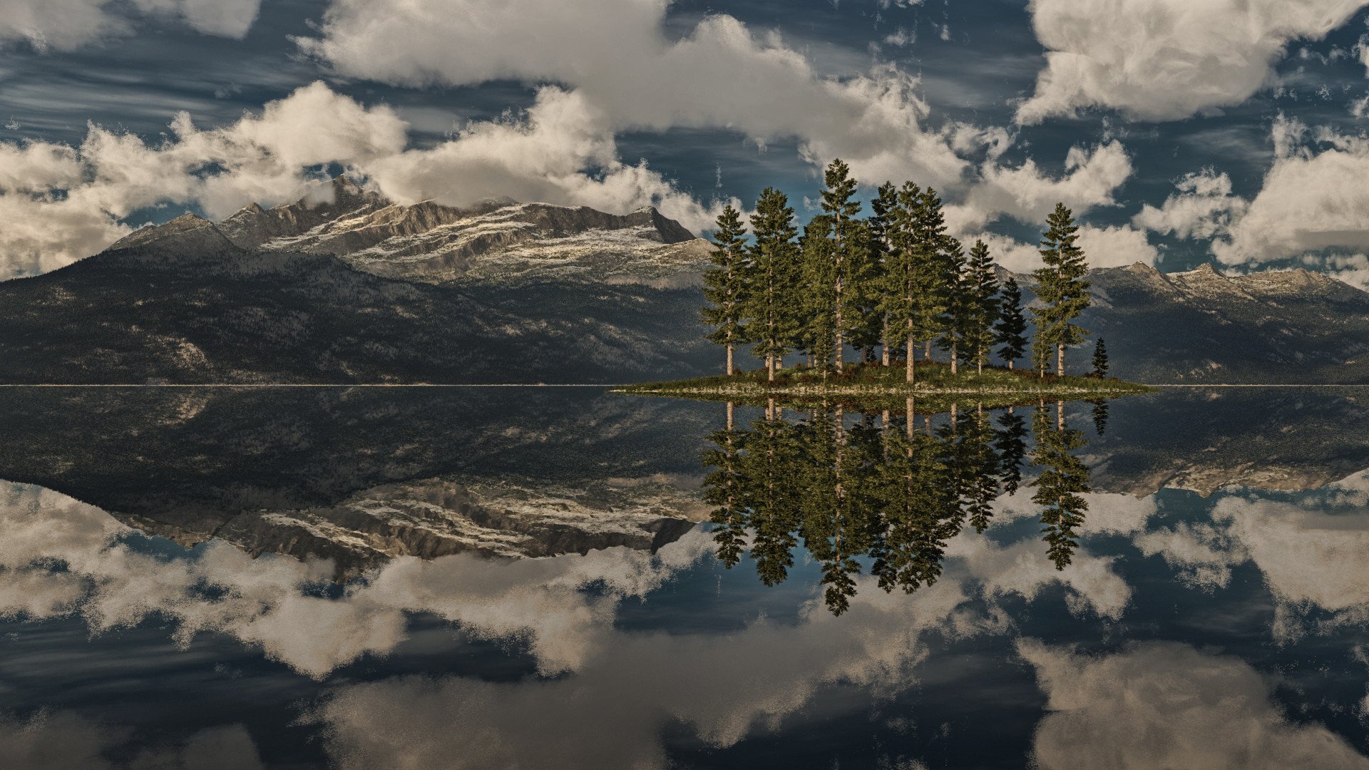 kunst see reflexion insel fichte bäume berge felsen wolken