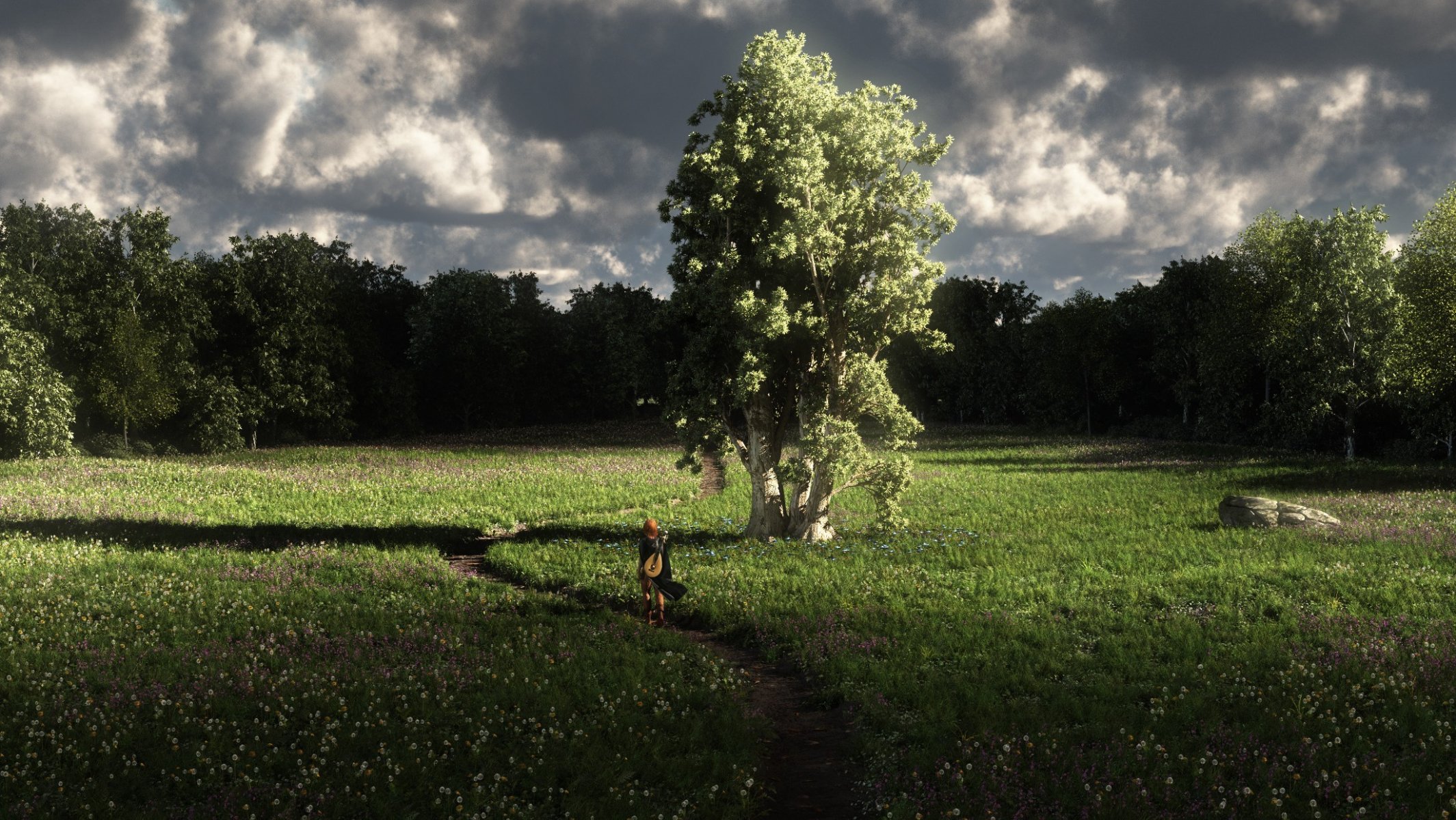 art nature grass tree forest girl lute path traveler clouds field flower sun ray