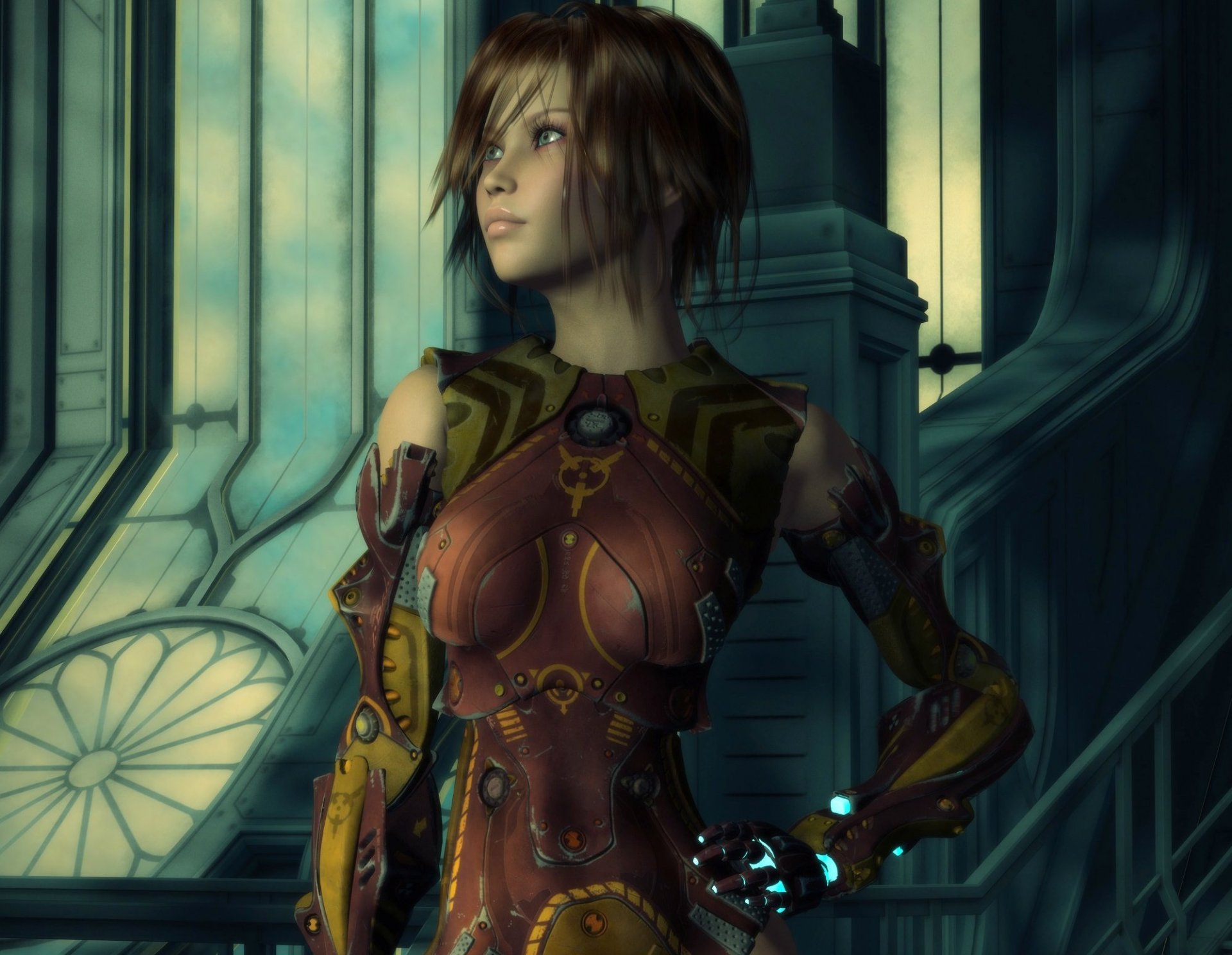 rendering girl 3d armour steel face view hair pose fiction