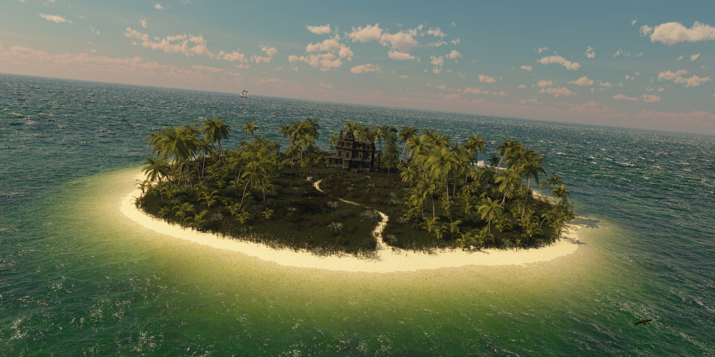 l art la mer l océan une île un château un manoir un bateau la plage les palmiers