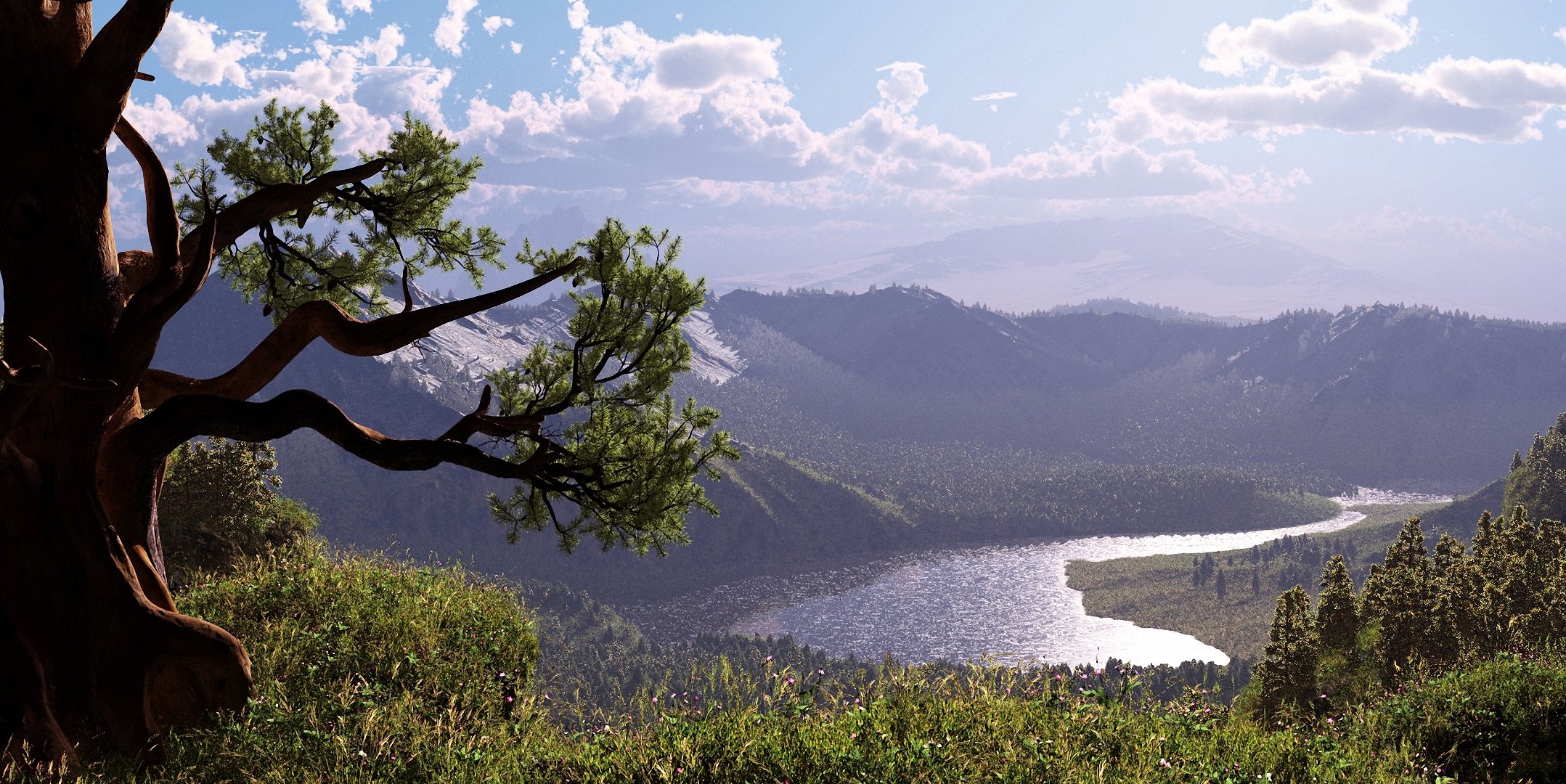 ciel montagnes rivière herbe arbre