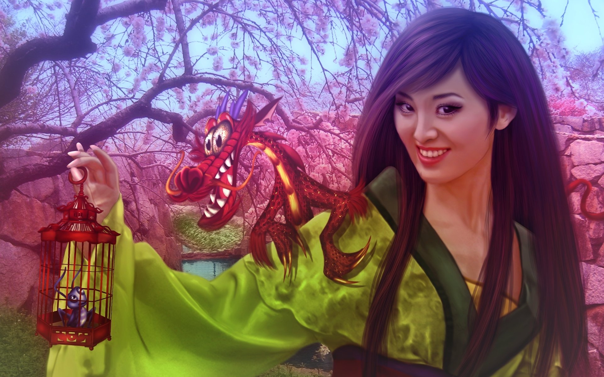 mulan donatella drago walt disney película de animación chica china princesa dragón fantasía fanart sakura floración