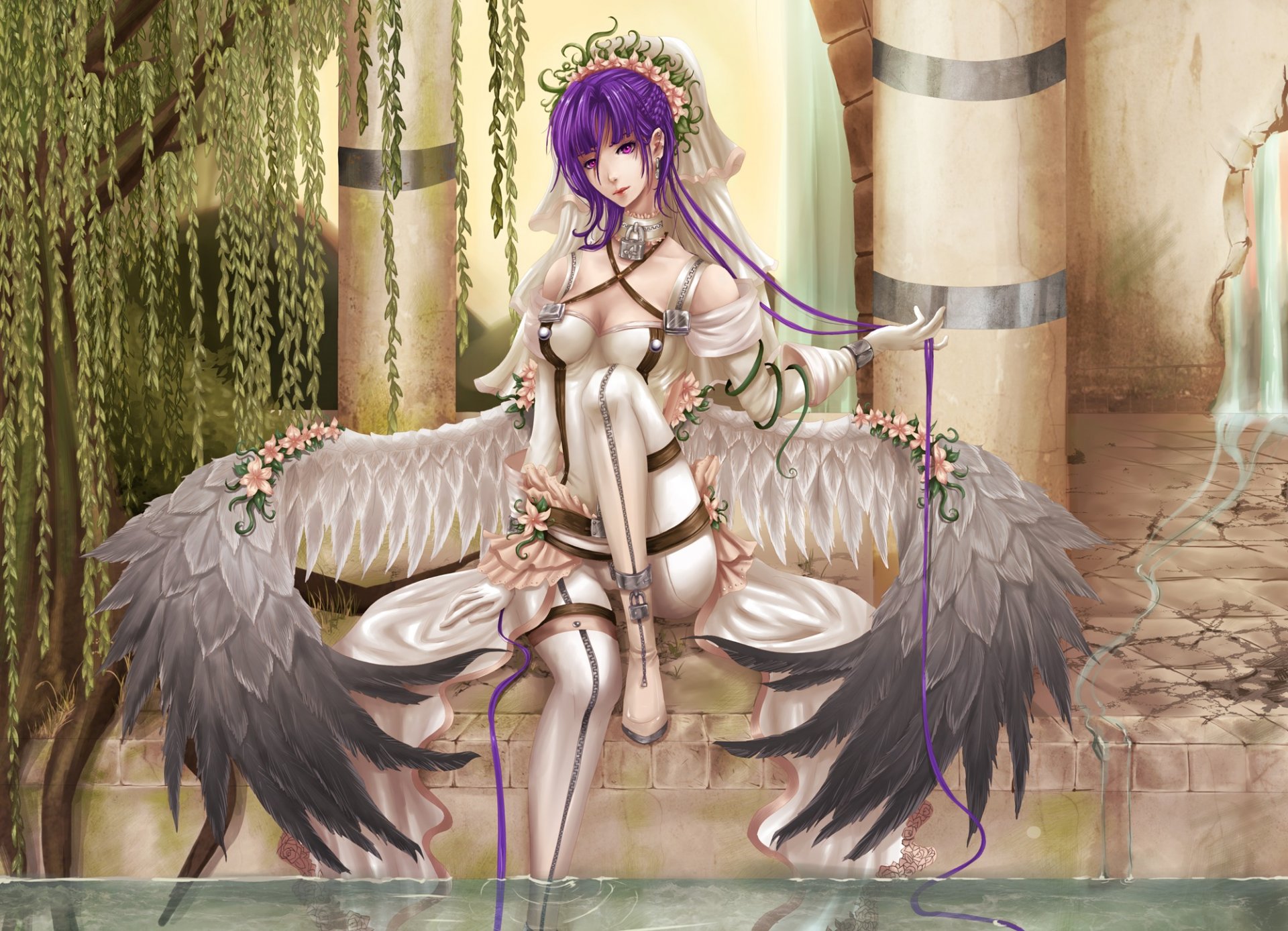 art girl fantasy wings willow tree water flower column