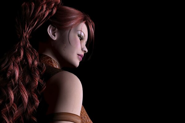 A girl with long, red hair stands in profile on a black background