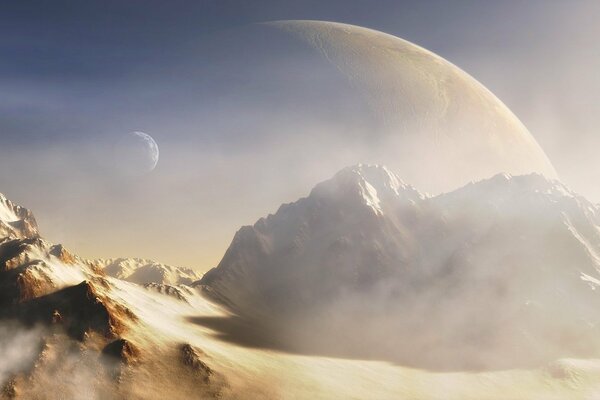 Mountain peaks on the background of a distant planet