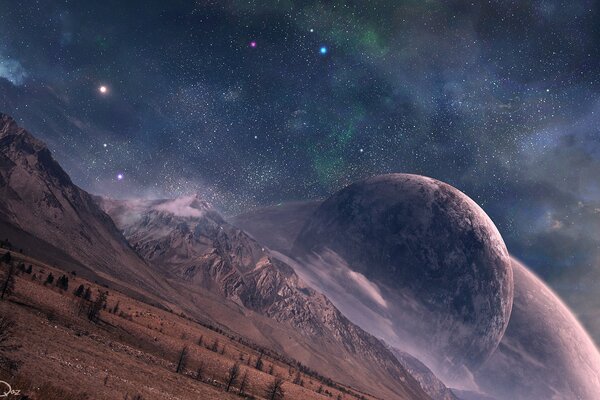 Mountains on the background of the starry sky and planets