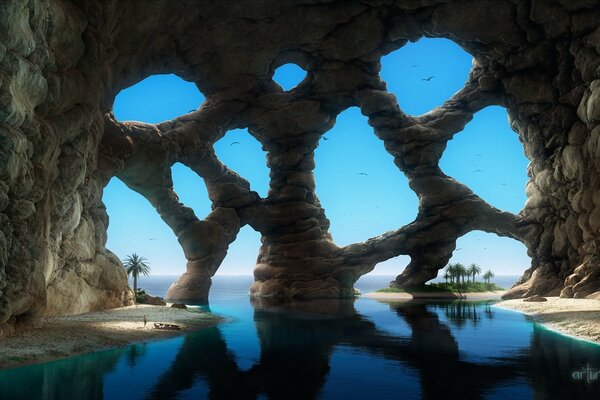 Beautiful grotto in the form of cells on the ocean