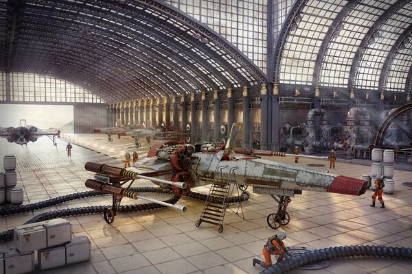 Grand hangar avec le véhicule à l intérieur