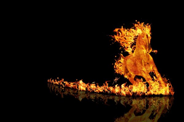 A burning horse in a dark space