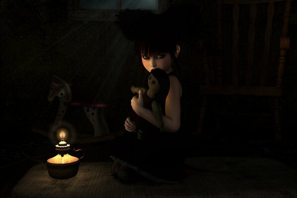 A girl hugs a doll in the dark by a candle