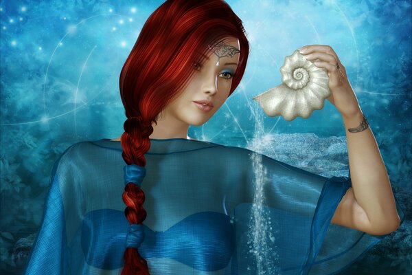 A girl in transparent clothes, with red hair, holds a shell in her hands, from which magic sand pours