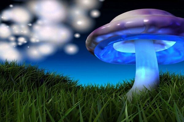 3d picture with a multicolored mushroom in the green grass