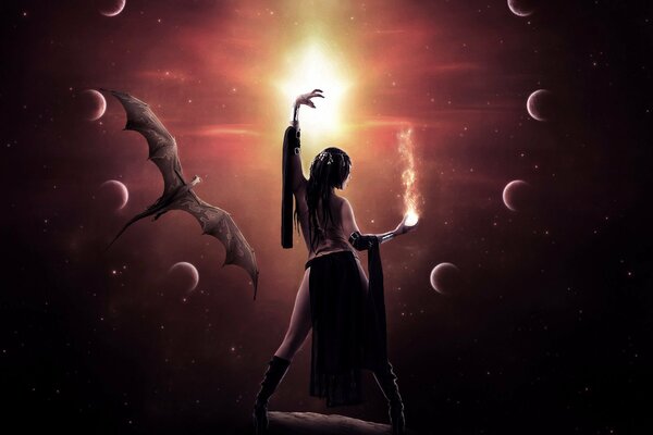 Брюнетка на фоне вселенной с летающим драконом использует магию огня
