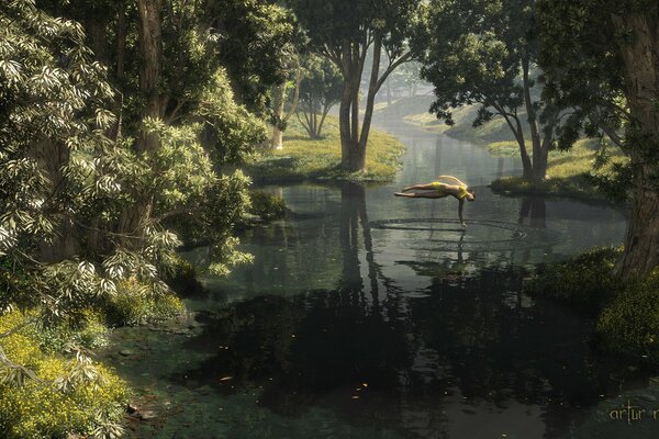 Meditative Kunst auf dem Wasser im Wald