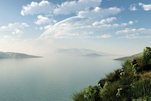 Le paysage de la verte colline au bord d un lac et montagnes