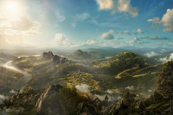 Panoramic view from the height of villages, trees, rivers and clouds