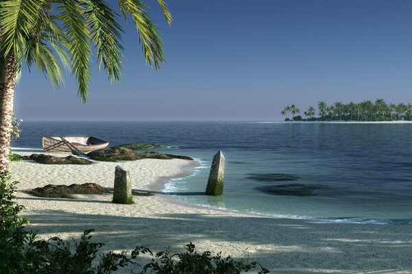 Tropical island with palm trees and a boat