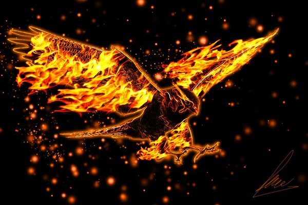 A beautiful eagle with burning wings