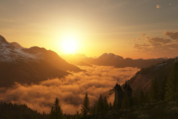 Castillo en las altas montañas cubiertas de nieve con nubes flotando en el sol durante la puesta del sol