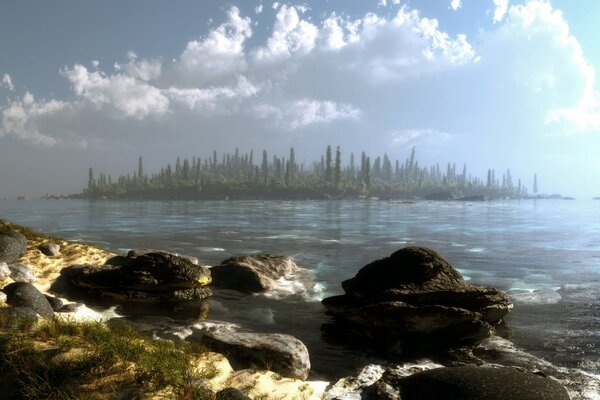 Un isola deserta sotto le nuvole bianche