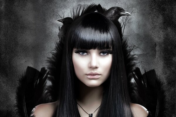 Dramatic art of a girl with snow-white skin and black hair, accompanied by a raven