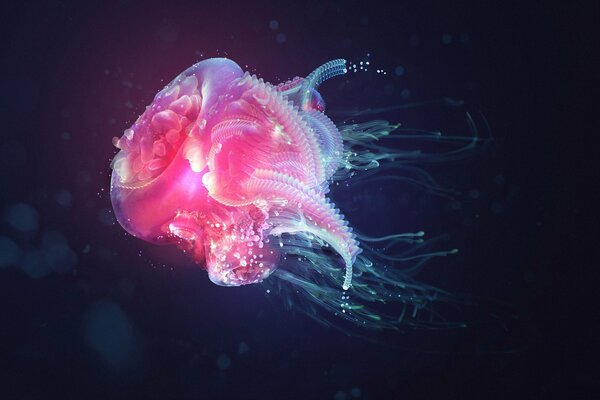 Pink jellyfish in the sea with colored tentacles