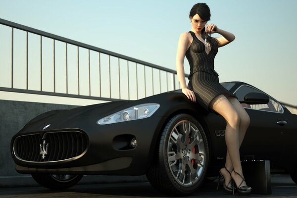 Ragazza in abito corto accanto a Maserati nero