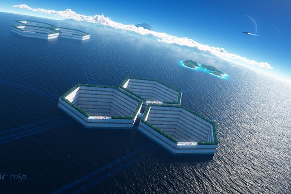 Honeycomb structures in the sea against a blue sky background