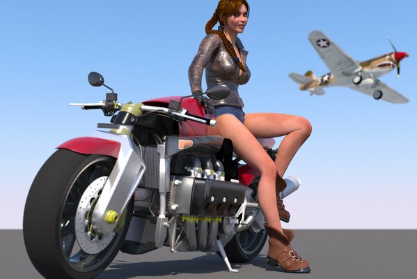 Art girl on a motorcycle and an airplane in the sky