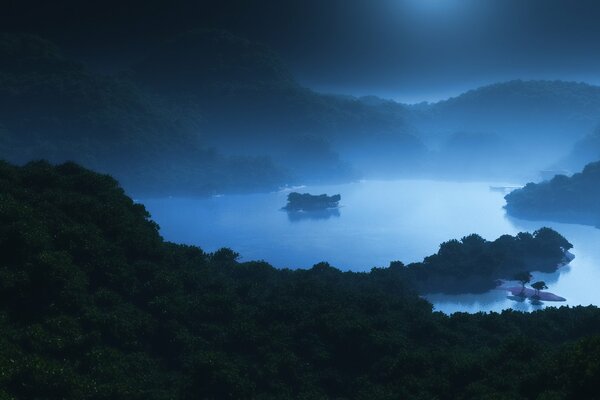 Lago notturno nella nebbia