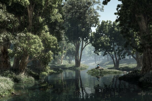 A boy with a book on an island in a pond in the forest