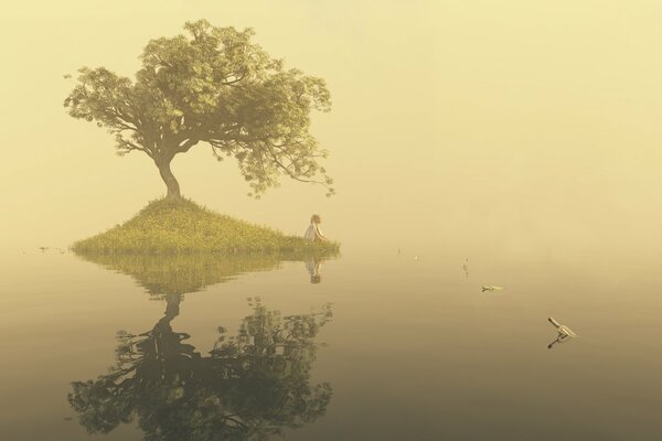 Dawn on the lake, a small island with a tree