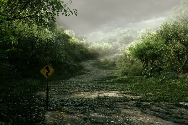 Old, abandoned road, road sign