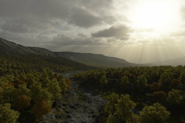 Beautiful landscape with sun, hills and forest