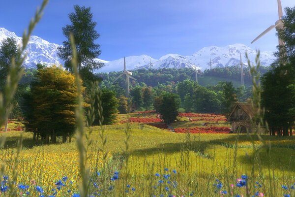 Art meadows with flowers on a mountain background