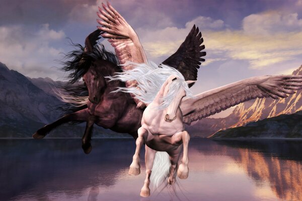 Two pegasus in flight over the lake