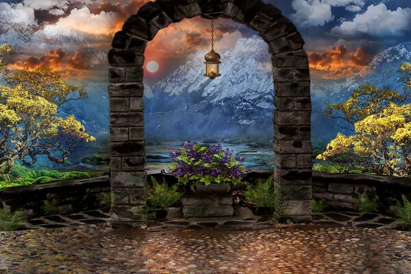 3d art art arches on the background of mountains