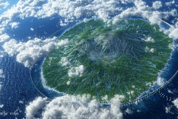 An island from a bird s-eye view in the clouds