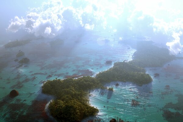 Top view through the fog of islands with reefs and the sea