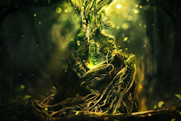 A magical tree with green sparks