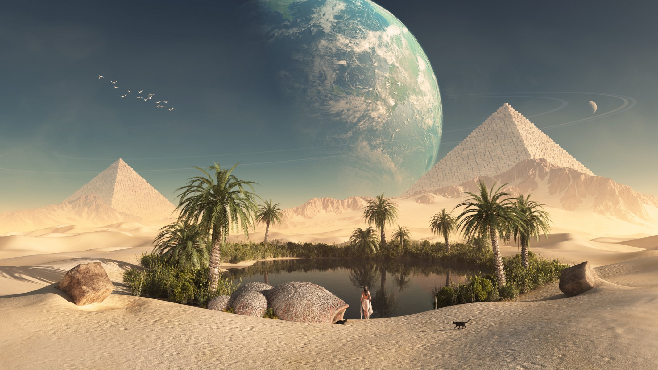 oasis desert planet cats girl