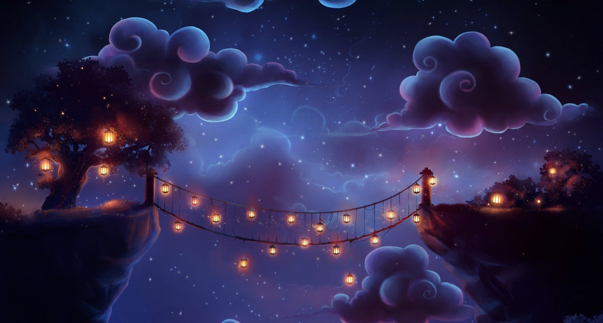 art trenchmaker night bridge lamps tree cloud