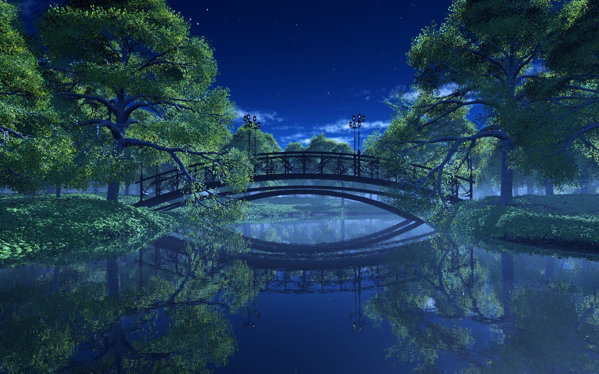 landschaft park fluss brücke bäume laternen nacht