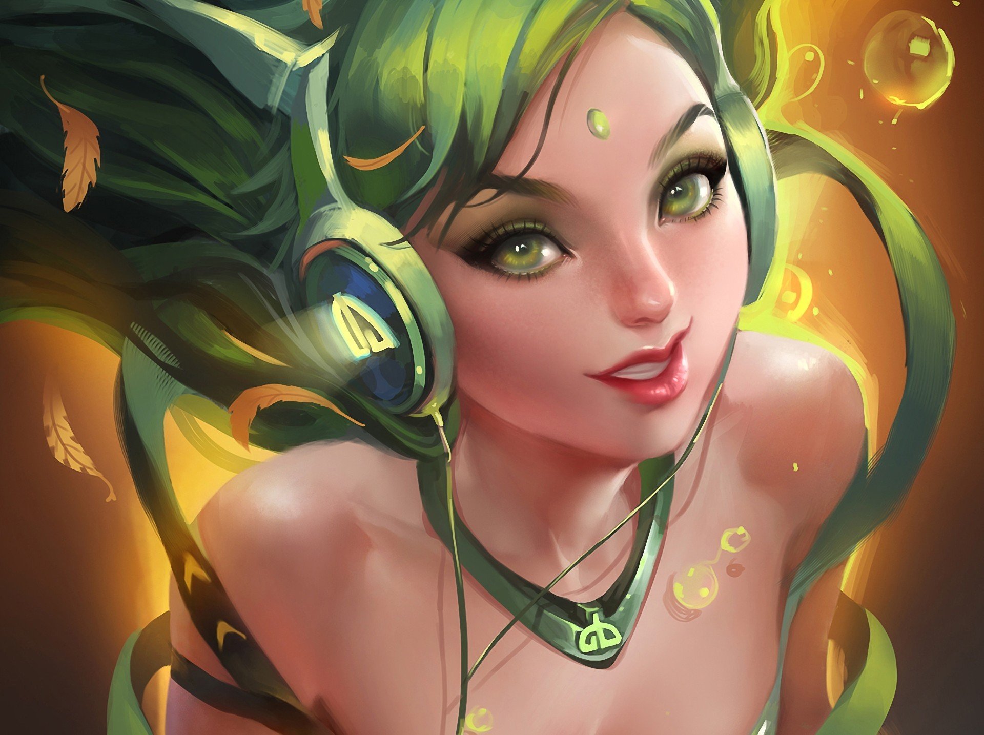 art sakimichan girl headphones leaves deviantart logo