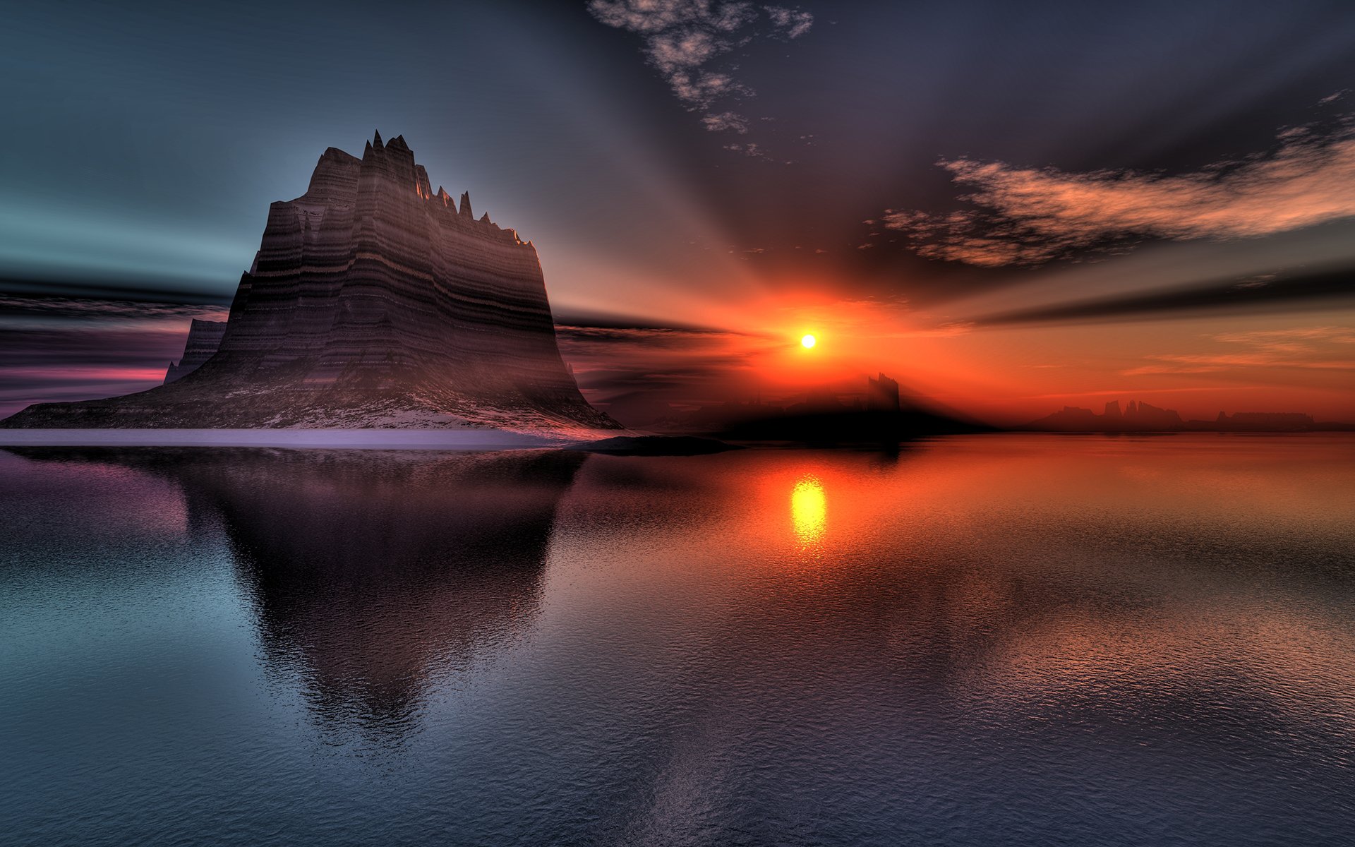 arte lightdrop paisaje rocas nubes puesta de sol sol agua lago reflexión noche