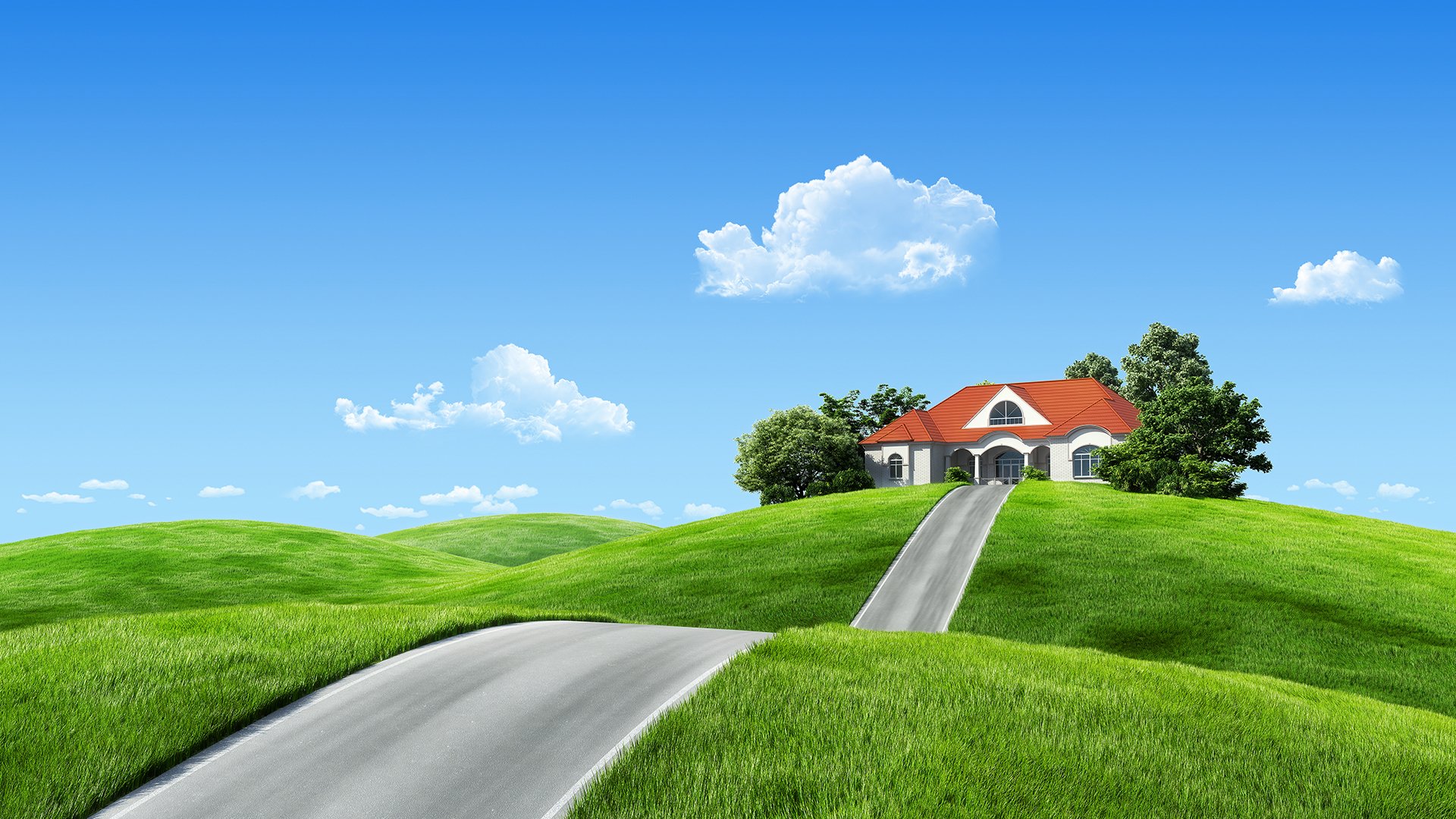 landscape fantasy nature house clouds road house