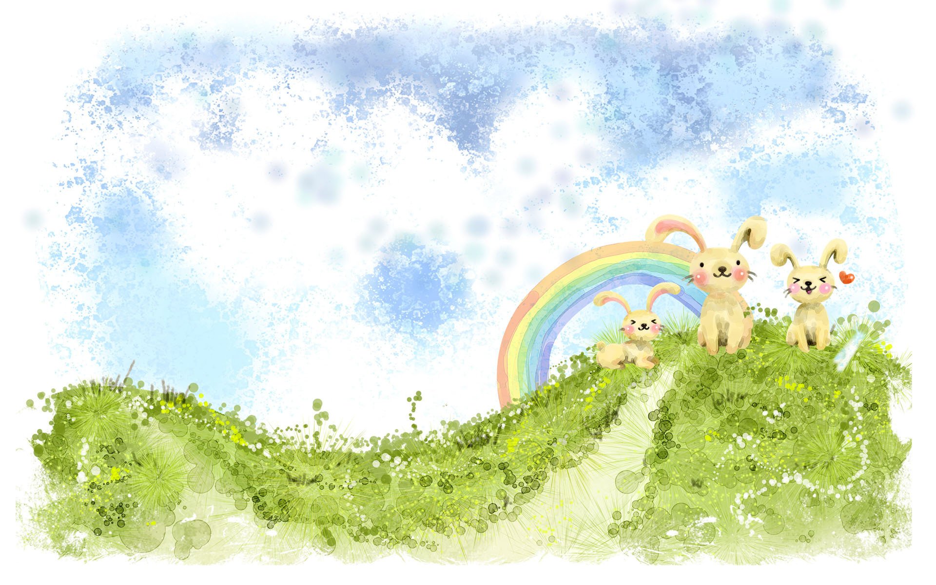 patrón liebres conejitos kawaii arco iris colina vegetación nubes corazón