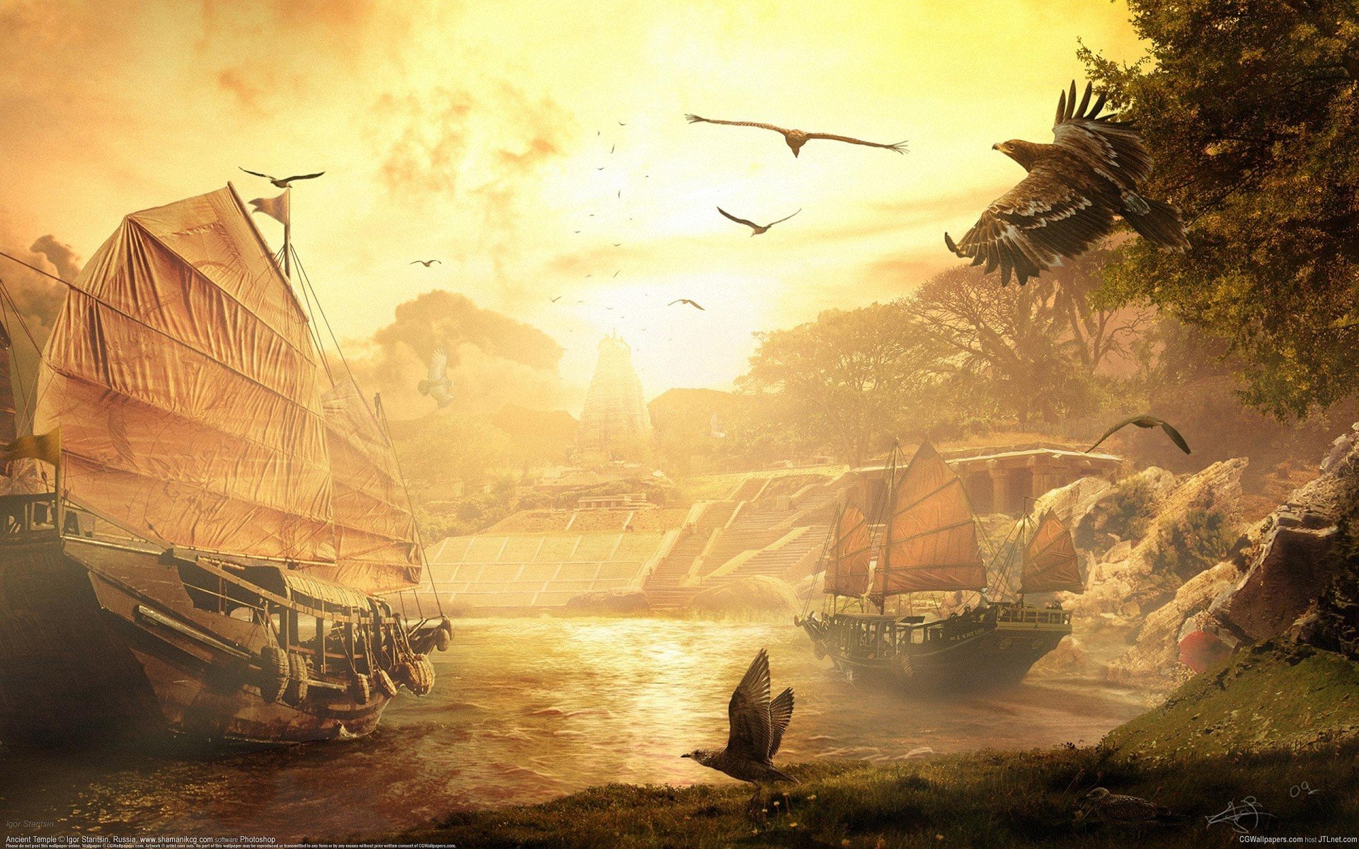 cg wallpapers igor staritsin ancient temple fantasy sunset river ships sail birds cloud